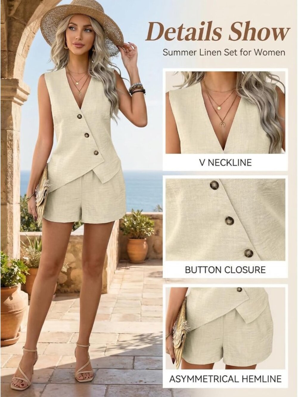 Women's White 2 Piece Sleeveless Button Down V Neck Blazer Vest and Shorts Set - Picture 6 of 6
